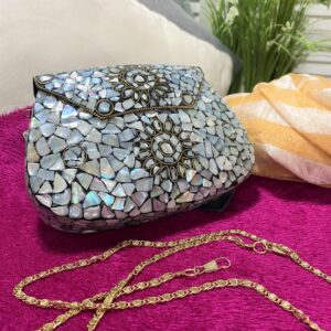 Mosaic Pearl Metal Clutch Handbag Silver