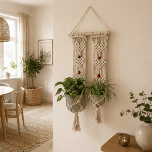 Macrame Cotton Double Plant Hanger for Wall & Balcony Decor