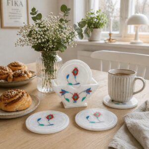 Hand Painted Marble Coaster Set Blue Folk Art