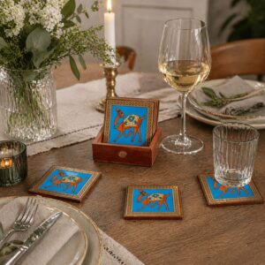 Hand Painted Wooden Coaster Set Blue Animal Art Set of 4