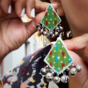 Green Diamond Drop Earrings with Bead Charms
