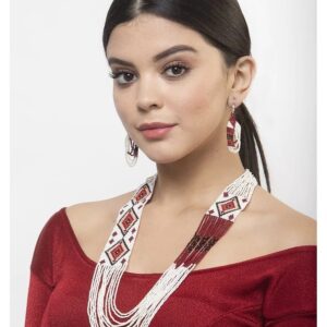Off White Hand Beaded Necklace Set with Red Pattern Detail