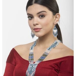 Blue Hand Beaded Necklace Set with Geometric Pattern