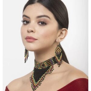 Black Hand Beaded Choker Necklace Set with Geometric Pattern