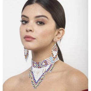 White Hand Beaded Choker Necklace Set with Multicolour Pattern