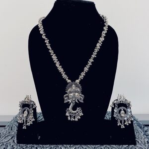 Silver Oxidised Statement Necklace Set with Ganesha Pendant