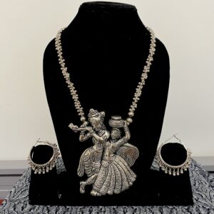 Silver Oxidised Necklace Set with Radha Krishna Pendant