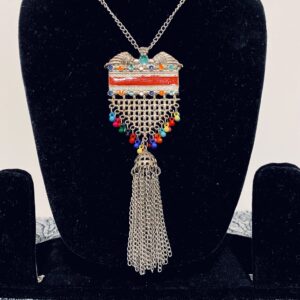 Silver Oxidised Pendant Necklace with Multicolour Beads and Tassel