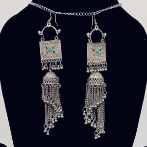 Silver Oxidised Tassel Drop Earrings with Multicolour Detail