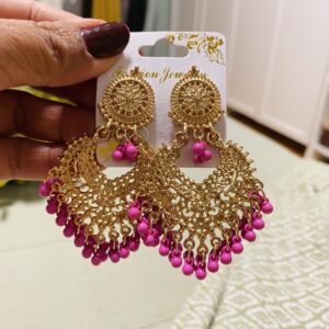 Gold Chandelier Chandbali Earrings with Pink Bead Drops