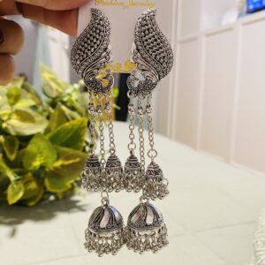 Silver Oxidised Peacock Long Jhumka Earrings with Chain Drops