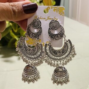 Silver Oxidised Crescent Chandbali Jhumka Earrings with Ghungroo Drops