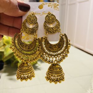 Gold Oxidised Crescent Chandbali Jhumka Earrings with Ghungroo Drops