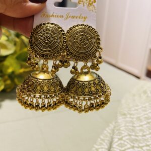 Gold Round Stud Jhumka Earrings with Coin Fringe Detail