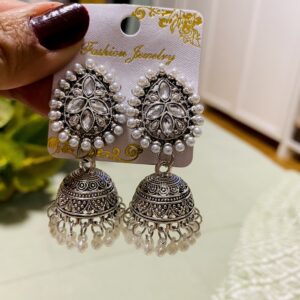 Silver Oxidised Pearl Stud Jhumka Earrings with Beaded Fringe