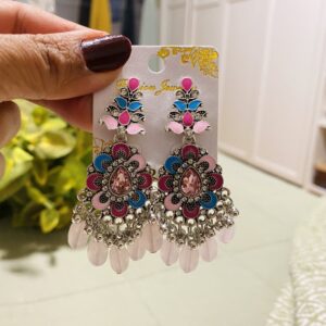 Silver Oxidised Multicolour Floral Drop Earrings with Teardrop Beads