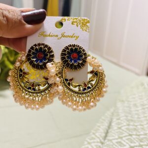 Gold Pearl Chandbali Hoop Earrings with Floral Stud