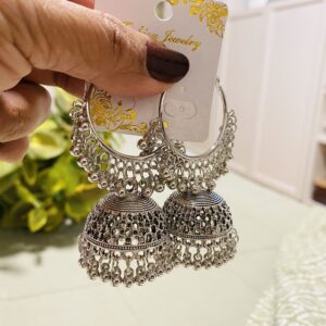 Silver Oxidised Hoop Jhumka Earrings with Ghungroo Fringe