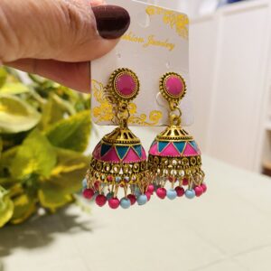 Gold Multicolour Enamel Jhumka Earrings with Beaded Fringe