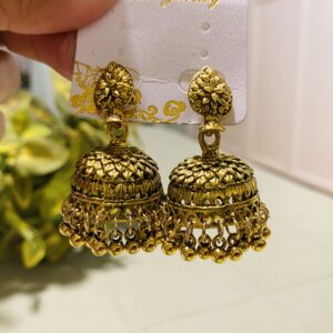 Gold Lotus Stud Jhumka Earrings with Ghungroo Fringe