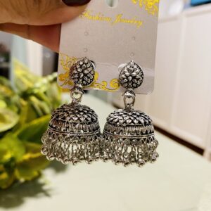 Silver Oxidised Lotus Dome Jhumka Earrings with Beaded Fringe