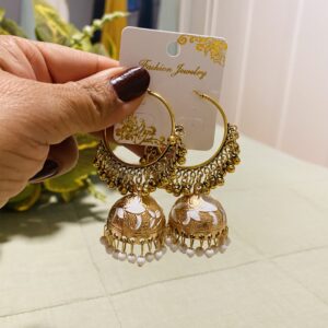 Gold White Meenakari Hoop Jhumka Earrings with Pearl Fringe