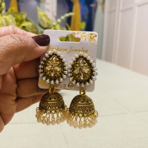 Gold Pearl Stud Jhumka Earrings with Pearl Fringe