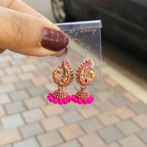 Gold Pink Paisley Stud Jhumka Earrings with Bead Fringe
