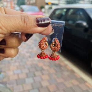 Gold Red Paisley Stud Jhumka Earrings with Bead Fringe