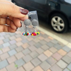Silver Oxidised Multicolour Bead Jhumka Earrings with Rainbow Fringe