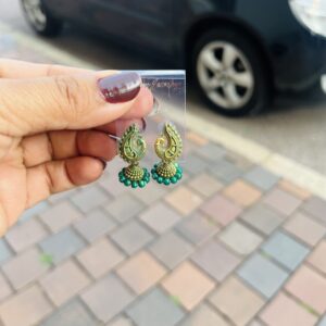 Gold Green Paisley Drop Jhumka Earrings with Bead Fringe