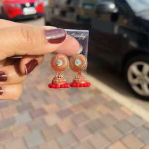 Gold Red Sunburst Stud Jhumka Earrings with Bead Fringe
