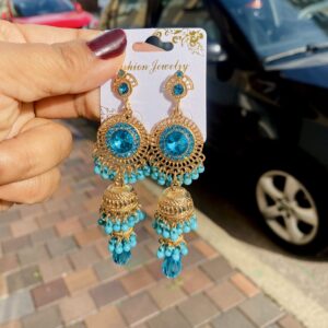 Gold Blue Crystal Double Layer Jhumka Earrings with Bead Drops