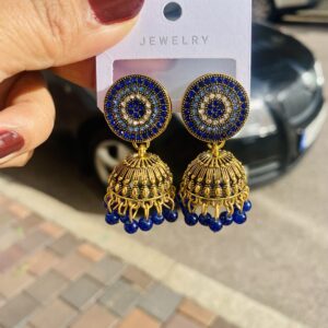 Gold Blue Medallion Dome Jhumka Earrings with Bead Fringe