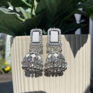 Oxidised Silver Square Frame Jhumka Earrings with Stone Detail