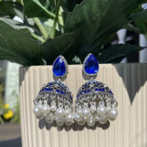 Oxidised Silver Blue Teardrop Jhumka Earrings with Pearl Fringe