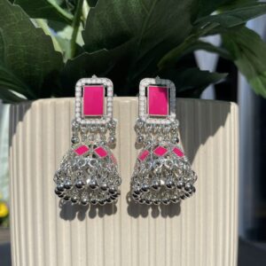 Oxidised Silver Pink Square Stone Jhumka Earrings with Dome Drop
