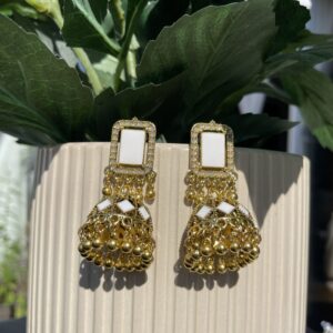 Gold White Square Stone Jhumka Earrings with Dome Drop