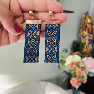 Blue Patterned Fabric Bar Drop Earrings with Gold Stud