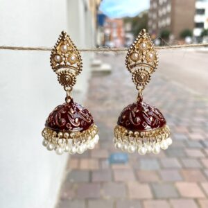 Gold Red Dome Drop Earrings with Pearl Fringe