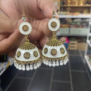 Gold White Enamel Dome Jhumka Earrings with Pearl Fringe