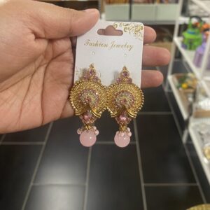 Gold Pink Paisley Drop Earrings