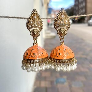 Gold Orange Dome Pearl Drop Earrings