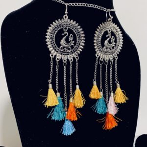 Oxidised Silver Peacock Tassel Drop Earrings