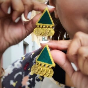 Green Triangle Coin Drop Earrings