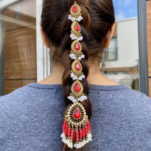 Gold Kundan Red Pearl Hair Chain