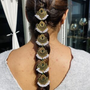 Gold Kundan Green Pearl Hair Chain