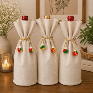 Jute Wine Bottle Gift Bag Set of 3 Drawstring Style