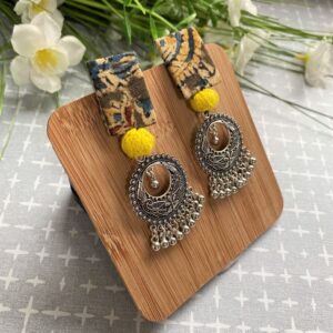 Fabric Top Silver Charm Drop Earrings